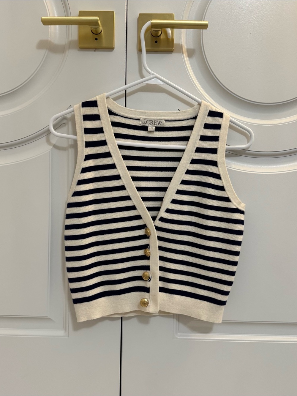 J. Crew Navy and Cream Striped Knit Button-Front Vest